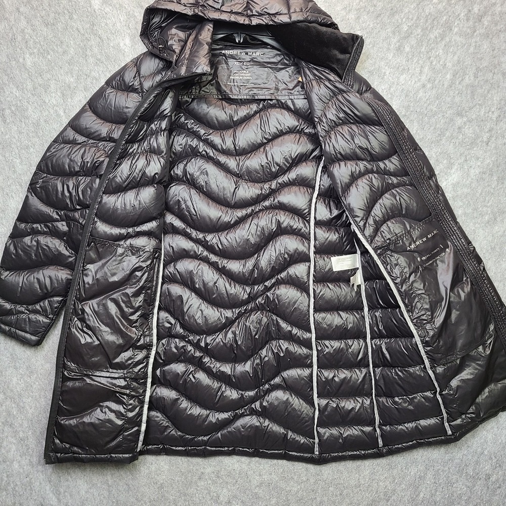 Andrew Marc Down Packable Maxi Jacket Women XL‎ Black 650 Fill Removeable Hood - Picture 5 of 13